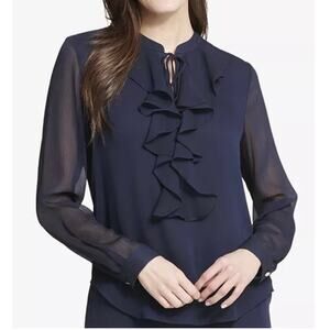 Tommy Hilfiger NWT Ruffle Front Blouse Sz M Navy Career Long Sheer Sleeves